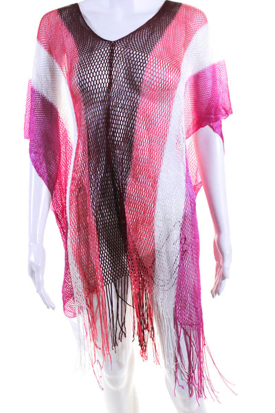 Sundek Women Loose Knit Mesh Fringe Color Block Cover Up Pink Red White One Size