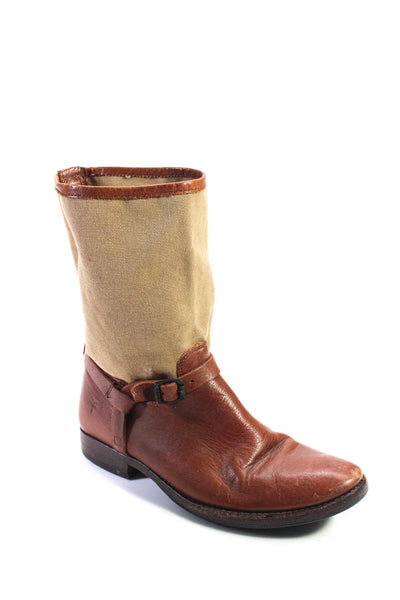Frye Womens Brown Leather Buckle Detail Canvas Trim Midi Boots Size 8B