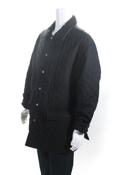 Hickey Freeman Mens Cotton Quilted Collared Snapped Buttoned Coat Black Size L