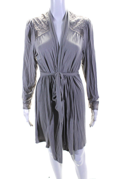 Eberjey Womens Gray Lace Trim Long Sleeve Belted Sleepwear Robe Size S