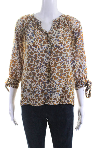 Natalie Martin Womens 3/4 Sleeve Floral Henley Top Blouse Ivory Tan Size Small
