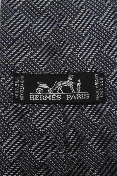 Hermes Mens Medium Width Box Striped Silk Tie Navy Blue Gray