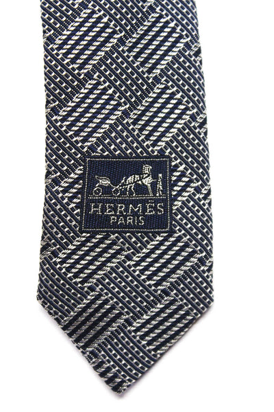 Hermes Mens Medium Width Box Striped Silk Tie Navy Blue Gray