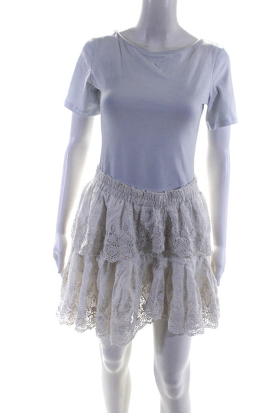 Love Shack Fancy Women's Tiered Embroidered Lace Mini Skirt White Size M