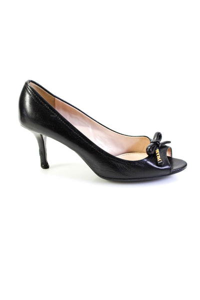 Prada Women's Open Toe Bow Cone Heels Work Shoe Black Size 6.5