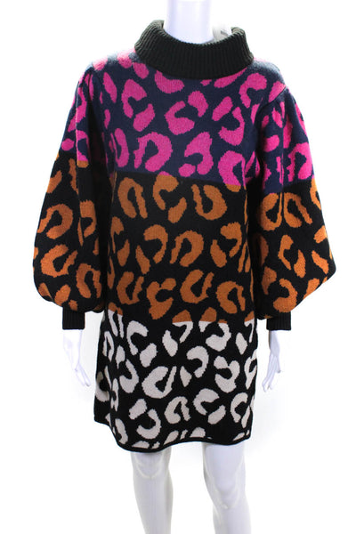 Farm Rio Womens Leopard Color Block Turtleneck Sweater Dress Multicolor Small