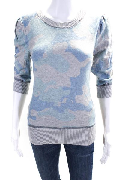 Central Park West Womens Camouflage Half Sleeved Knit Blouse Blue Gray Size XS