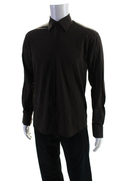 Prada Mens Button Down Long Sleeves Dress Shirt Brown Cotton Size 39 15.5