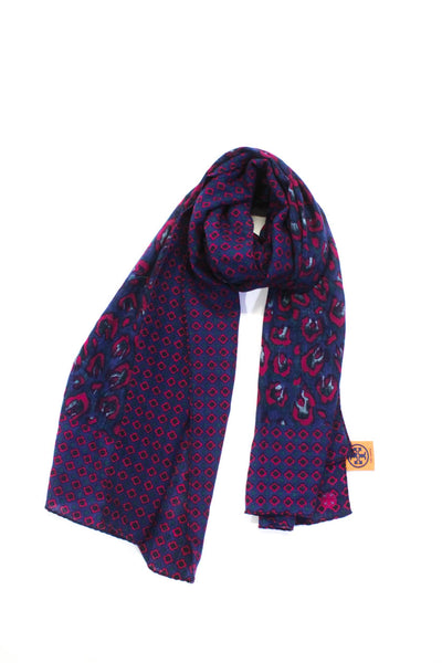 Tory Burch Womens Wool Floral Spotted Print Wrapped Shawl Scarf Blue Size OS