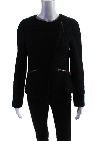 Ted Baker Womens Cotton Textured Asymmetrical Zip Long Sleeve Blazer Navy Size 2