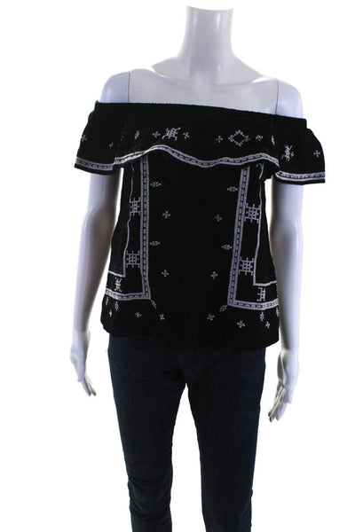 Central Park West omens Embroidered Short Sleeves Blouse Black White Size Small