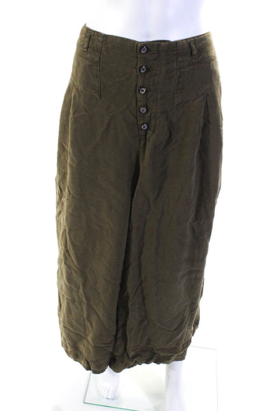 Anthropologie Womens Buttoned Ruched Elastic Waist Wide Leg Pants Green Size 14