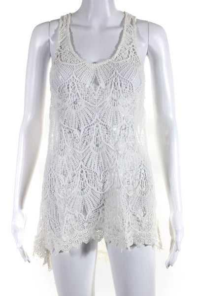 OndadeMar Womens Sheer Lace Sleeveless Mini Cover Up Dress White Size Small