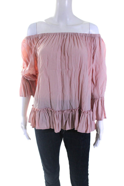Muche & Muchette Womens Off Shoulder Bell Sleeve Ruffle Top Blouse Pink One Size