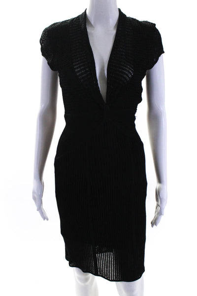 Catherine Malandrino Womens Black V-Neck Cap Sleeve Ribbed Shift Dress Size S