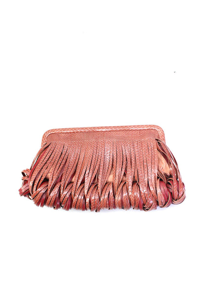 Katherine Kwei Womens Red Snakeskin Print Shredded Detail Clutch Bag Handbag