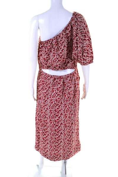 Apiece Apart Womens One Shoulder Smocked Waist Floral Midi Dress Red White XL