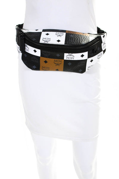 MCM Women's Leathered Checkered Monogram Fanny Pack Belt Bag Black Size S