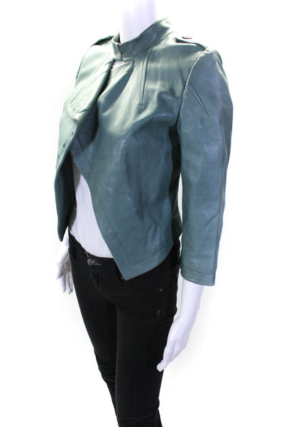 Yigal Azrouel Womens Asymmetrical Button 3/4 Sleeve Leather Jacket Teal Size 4