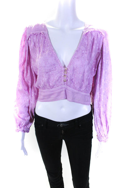 Sunday Tropez Womens Embroidered Long Sleeve V Neck Crop Top Pink Size Medium