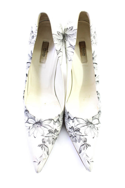 Prada Womens Satin Floral Print Pointed Toe Pumps White Black Size 39 9