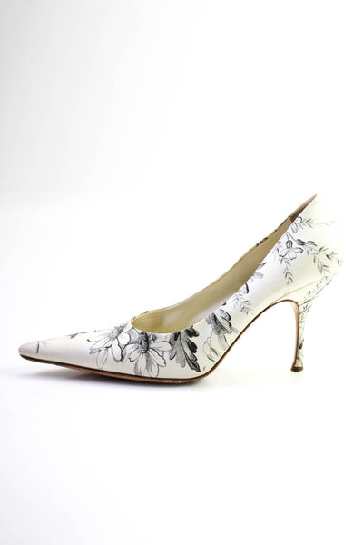 Prada Womens Satin Floral Print Pointed Toe Pumps White Black Size 39 9