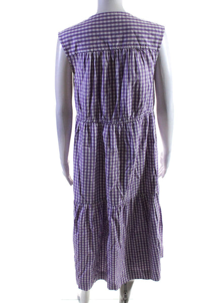 Everlane Women's Round Neck Empire Waist Tiered Max Dress Purple Check Size XS