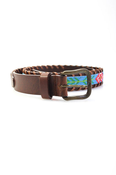 Camp Hero Womens Beaded Whipstitch Leather Belt Brown Blue Red Green Size M/L