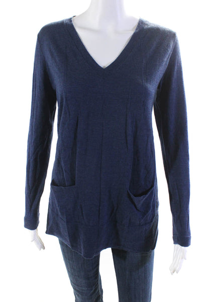 Autumn Cashmere Women's V-Neck Long Sleeves Pockets Pullover Sweater Blue Size M