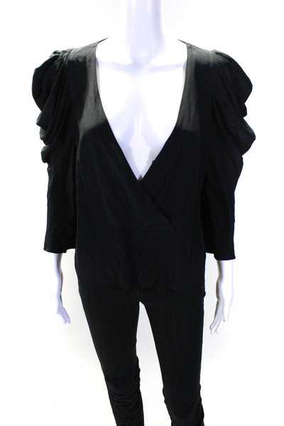 Elizabeth and James Womens V-Neck Pleated Puff Long Sleeve Blouse Black Size L