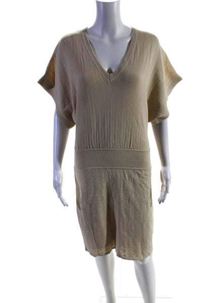 Catherine Malandrino Women's Short Sleeve V-Neck Knit Blouson Dress Beige Size L