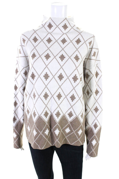 Rachel Zoe Women's Printed Mock Neck Pullover Sweater Beige White Size M