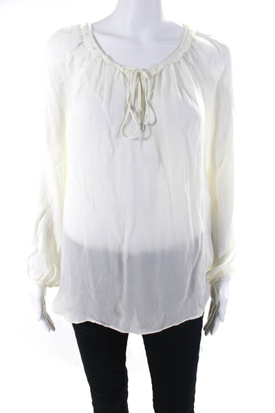 Gerard Darel Womens Long Sleeve Raw Hem Tie Neck Top Blouse White Silk FR 38