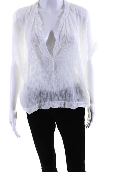 9 Seed Womens Short Sleeve Gauze Y Neck Top Blouse White Size Small