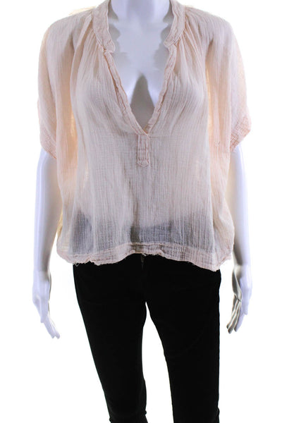 9 Seed Womens Short Sleeve Gauze Y Neck Top Blouse Light Pink Size Small