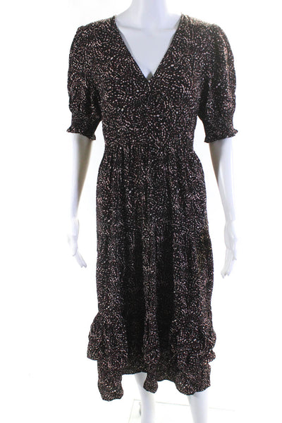 Ba&Sh Womens Abstract Print V-Neck Short Sleeve Long A-Line Dress Black Size S
