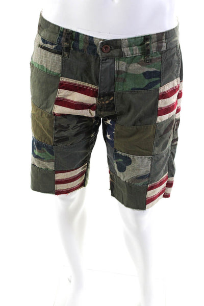 DBL NDL Mens Striped Camo Patchwork Cutoff Shorts Green Size 36