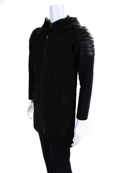 Mackage Men's Cotton Leather Trim Double Zip Hooded Jacket Black Size S