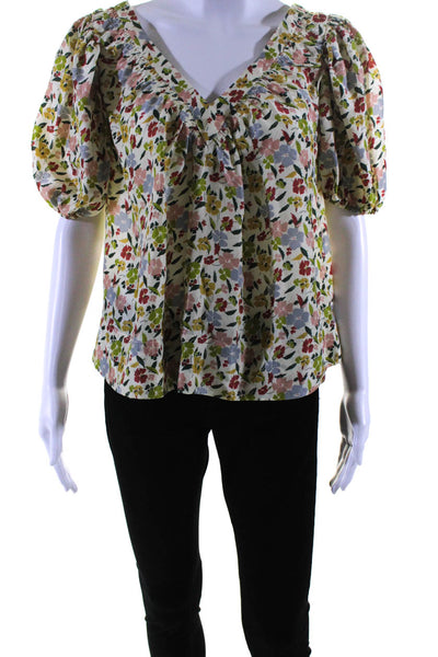 The Great Womens Short Sleeve V Neck Silk Floral Top White Multi Size 1