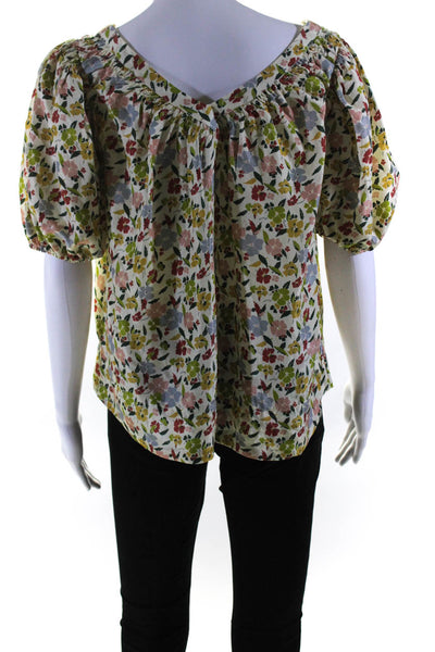 The Great Womens Short Sleeve V Neck Silk Floral Top White Multi Size 1