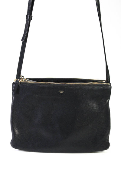 Celine Womens Triple Compartment Leather Zip Top Crossbody Handbag Black