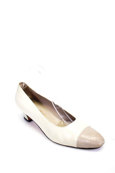 Salvatore Ferragamo Womens Quilted Colorblock Cap Toe Bock Heels Cream Size 9AA