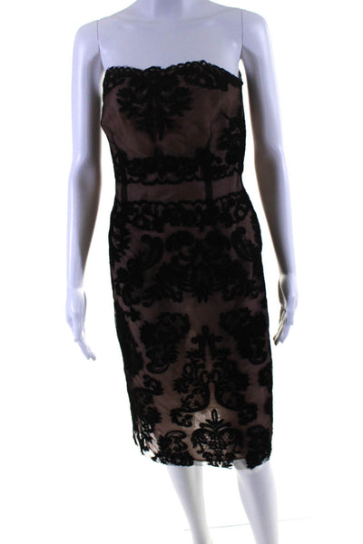 Designer Womens Lace Embroidered Strapless Pencil Dress Black Beige Size Small