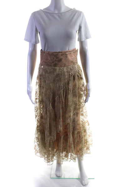 Designer Womens Metallic Mesh Lace Midi A Line Wrap Skirt Gold Size IT 42