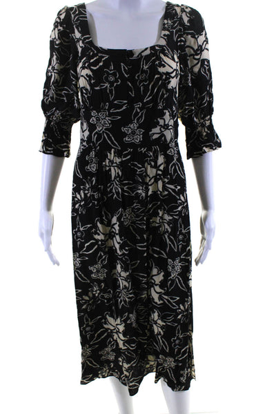 Ba&Sh Womens Black White Floral Scoop Neck Short Sleeve Midi Shift Dress Size S