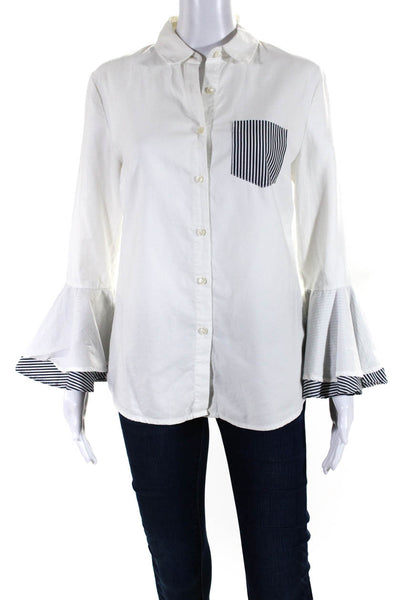 Birds of Paradis Womens Cotton Flounce Long Sleeve Button-Up Top White Size S