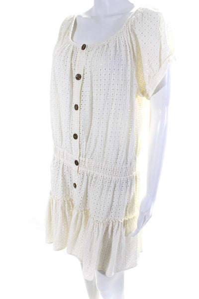 Eberjey Womens Eyelet Puff Sleeve Button Up A-Line Cover Up Dress Ivory Size L