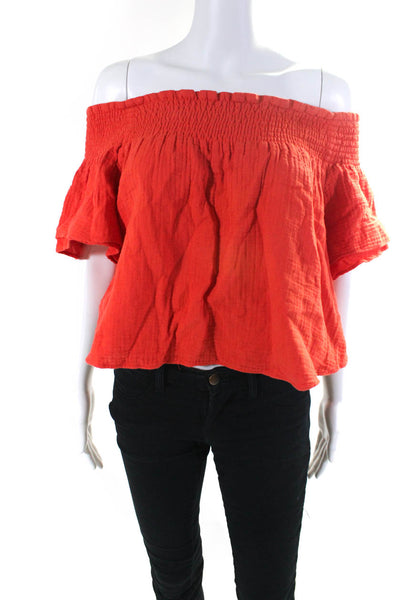 Apiece Apart Womens Shirred Off Shoulder Short Sleeved Shirt Red Orange Size 8