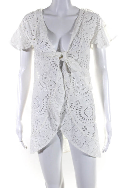 OndadeMar Women's Embroidered Short Sleeve Open Front Cover Up White Size XS