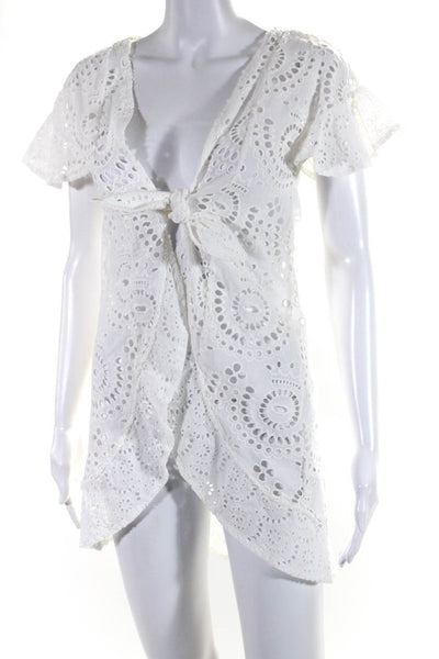 OndadeMar Women's Embroidered Short Sleeve Open Front Cover Up White Size XS